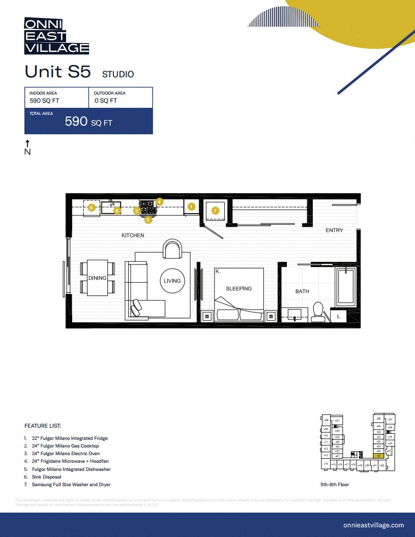 Floor plan for studio, 1 bath, 590 sqft